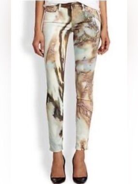 PAIGE Marble-Print Skinny Pants in Cream and Brown Tones